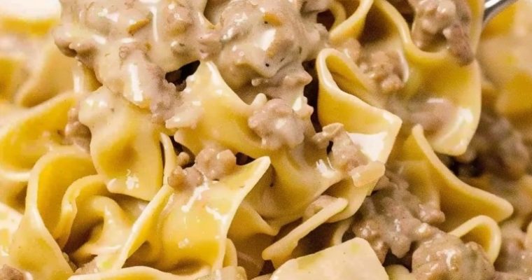 Ground Beef Melded with Creamy Mushroom Soup and Pasta