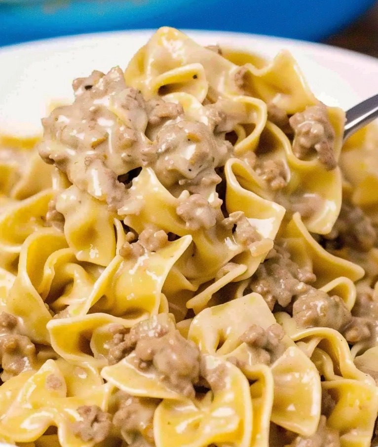 Ground Beef Melded with Creamy Mushroom Soup and Pasta