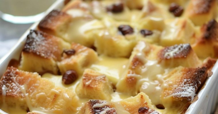 Bread Pudding in Casserole with Vanilla Sauce