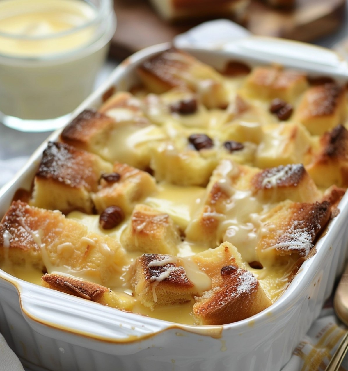 Bread Pudding in Casserole with Vanilla Sauce