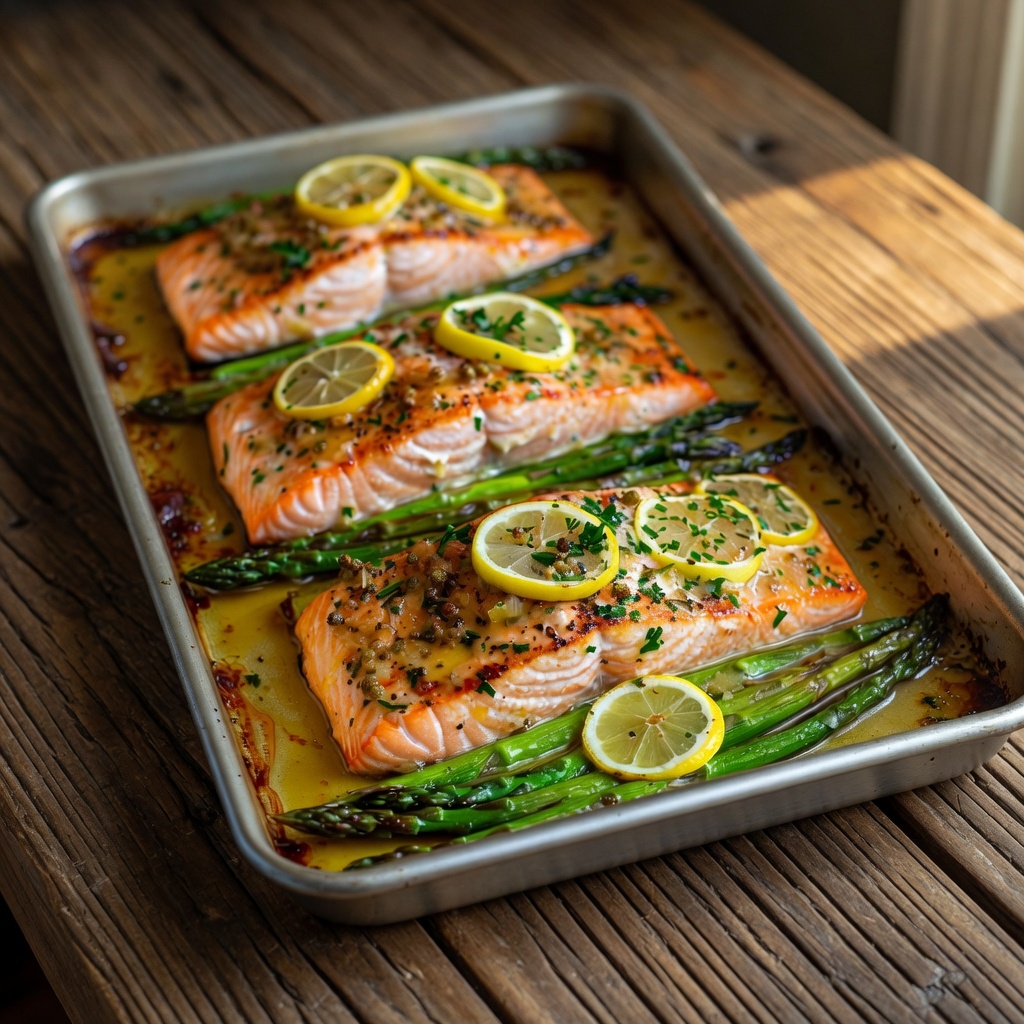 Baked Salmon with Asparagus, Lemon, Garlic and Butter Sauce