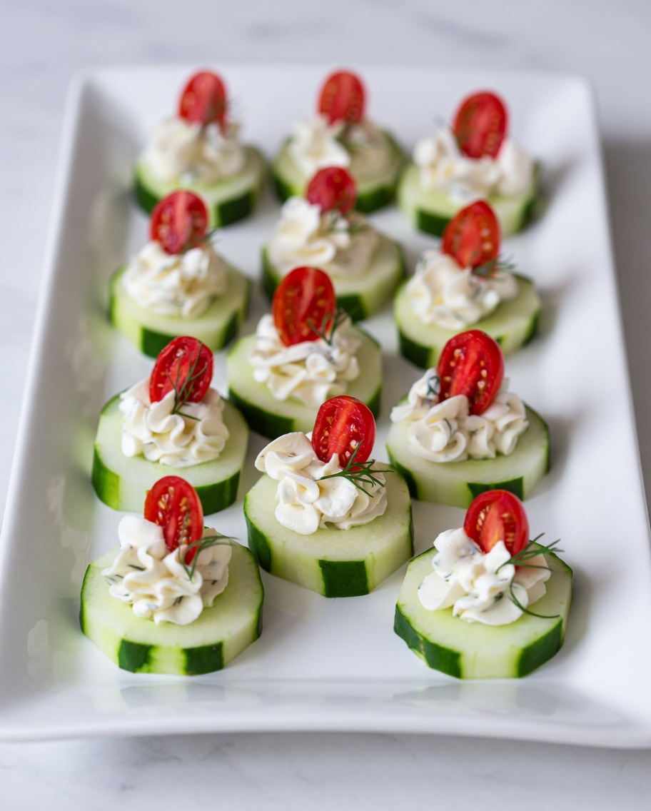 CUCUMBER BITES WITH HERB CREAM CHEESE AND CHERRY TOMATOES