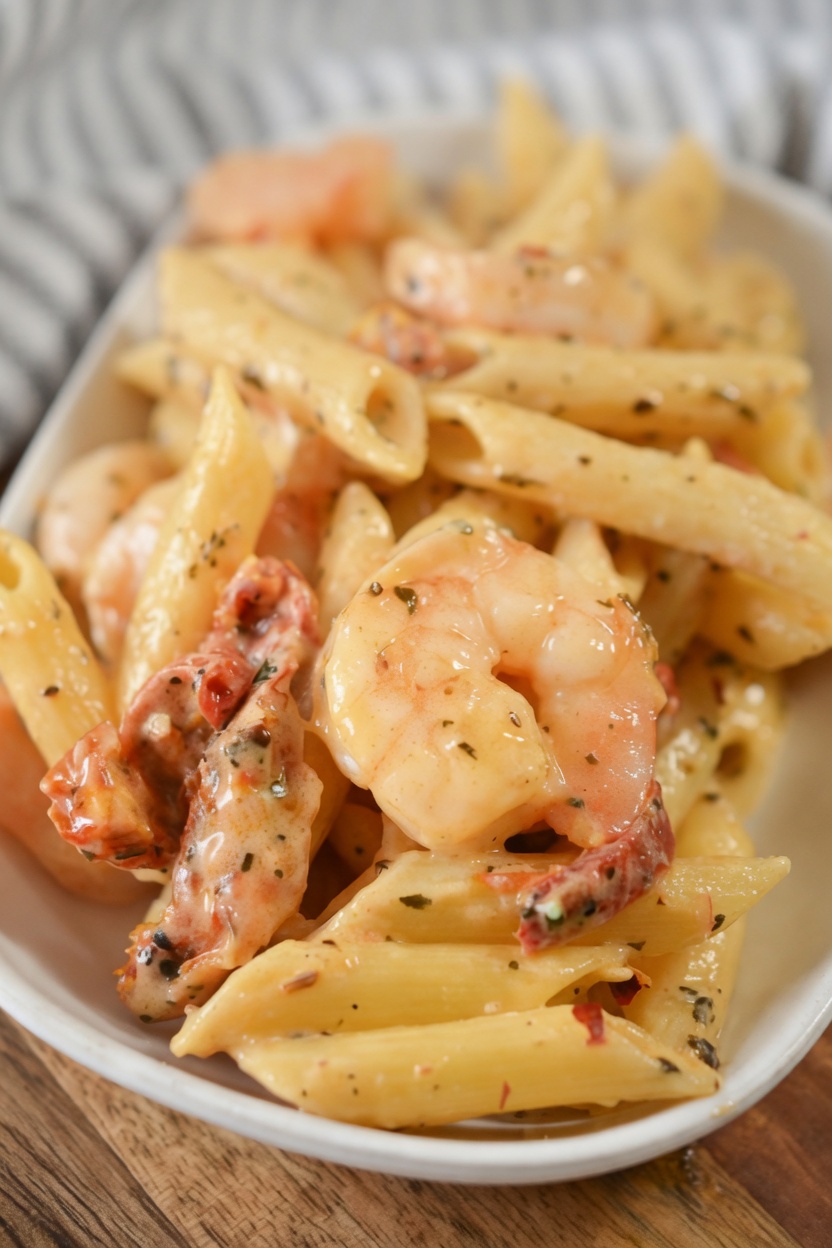 CREAMY MOZZARELLA SHRIMP PASTA