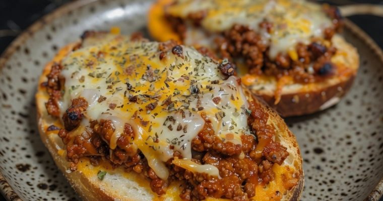 Open Faced Cheesy Sloppy Joes on Garlic Bread