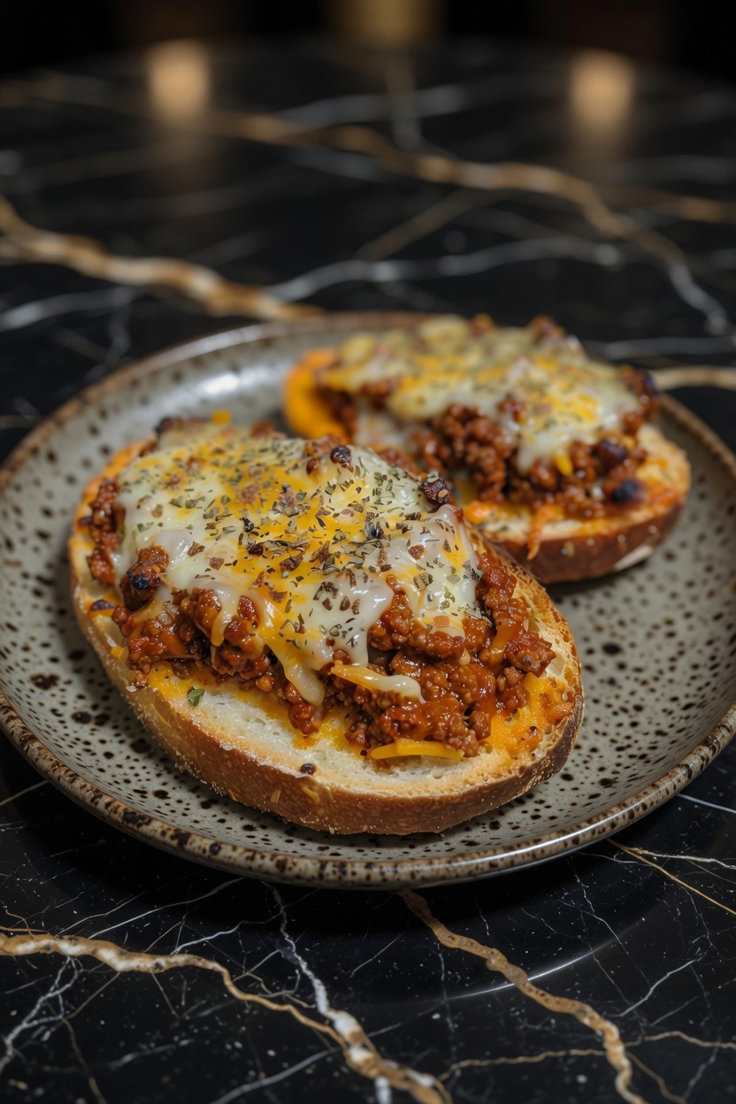 Open Faced Cheesy Sloppy Joes on Garlic Bread