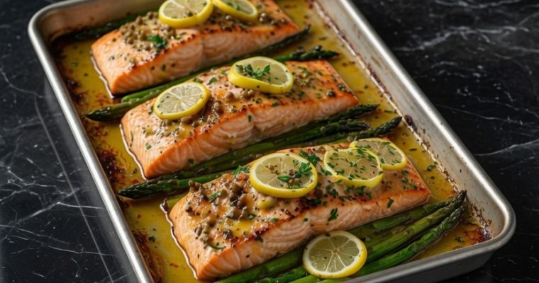 Baked Salmon with Asparagus, Lemon, Garlic and Butter Sauce