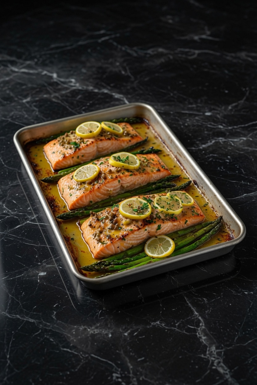 Baked Salmon with Asparagus, Lemon, Garlic and Butter Sauce