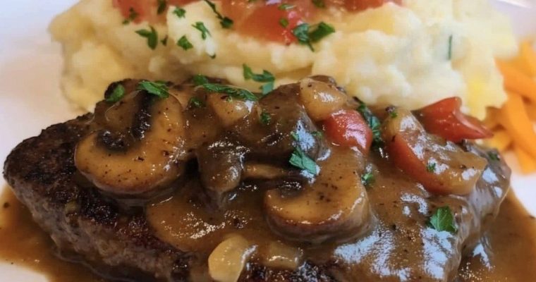 Salisbury Steak with Garlic Mashed Potatoes and Mushroom Gravy