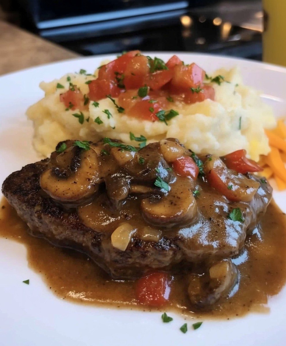 Salisbury Steak with Garlic Mashed Potatoes and Mushroom Gravy