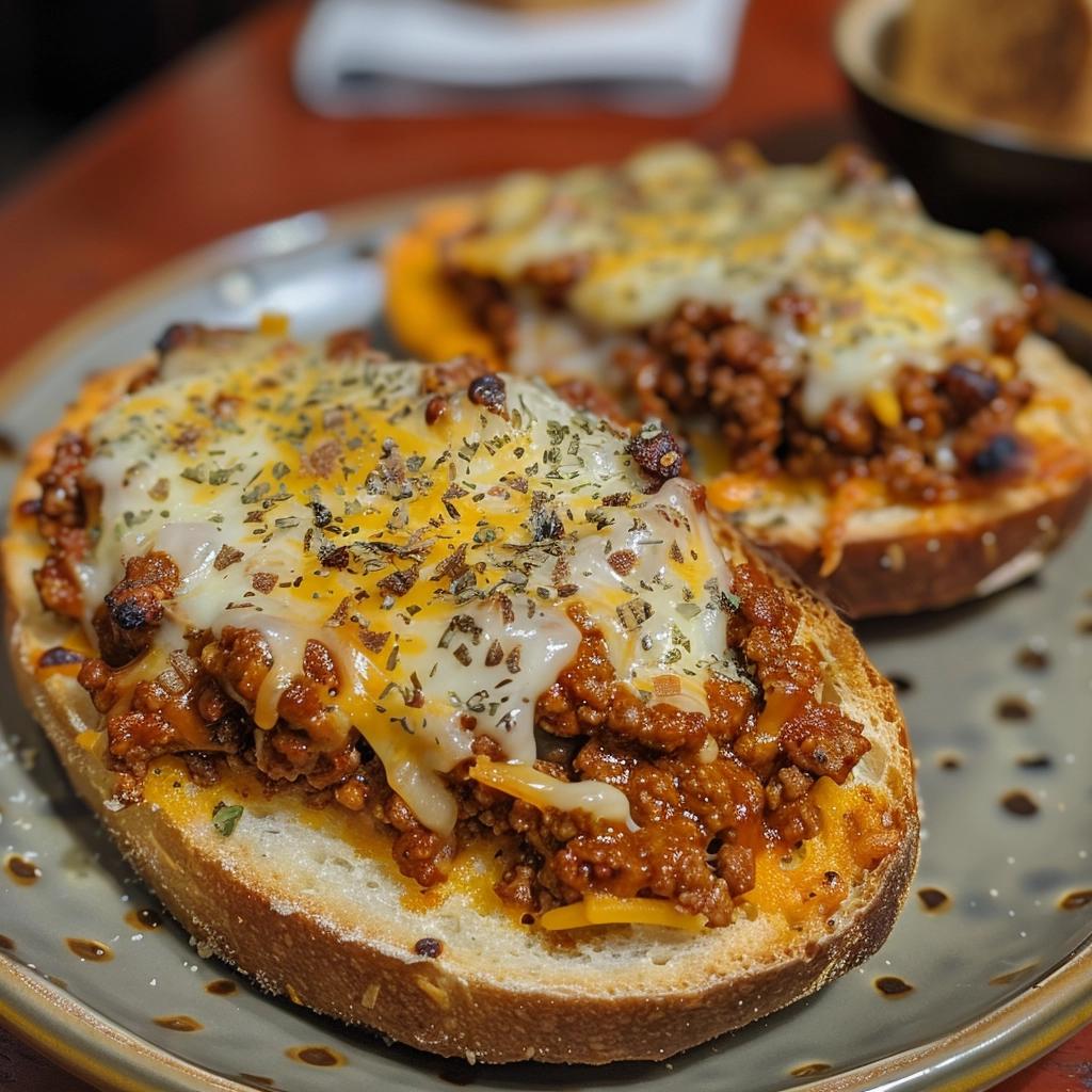 Open Faced Cheesy Sloppy Joes on Garlic Bread