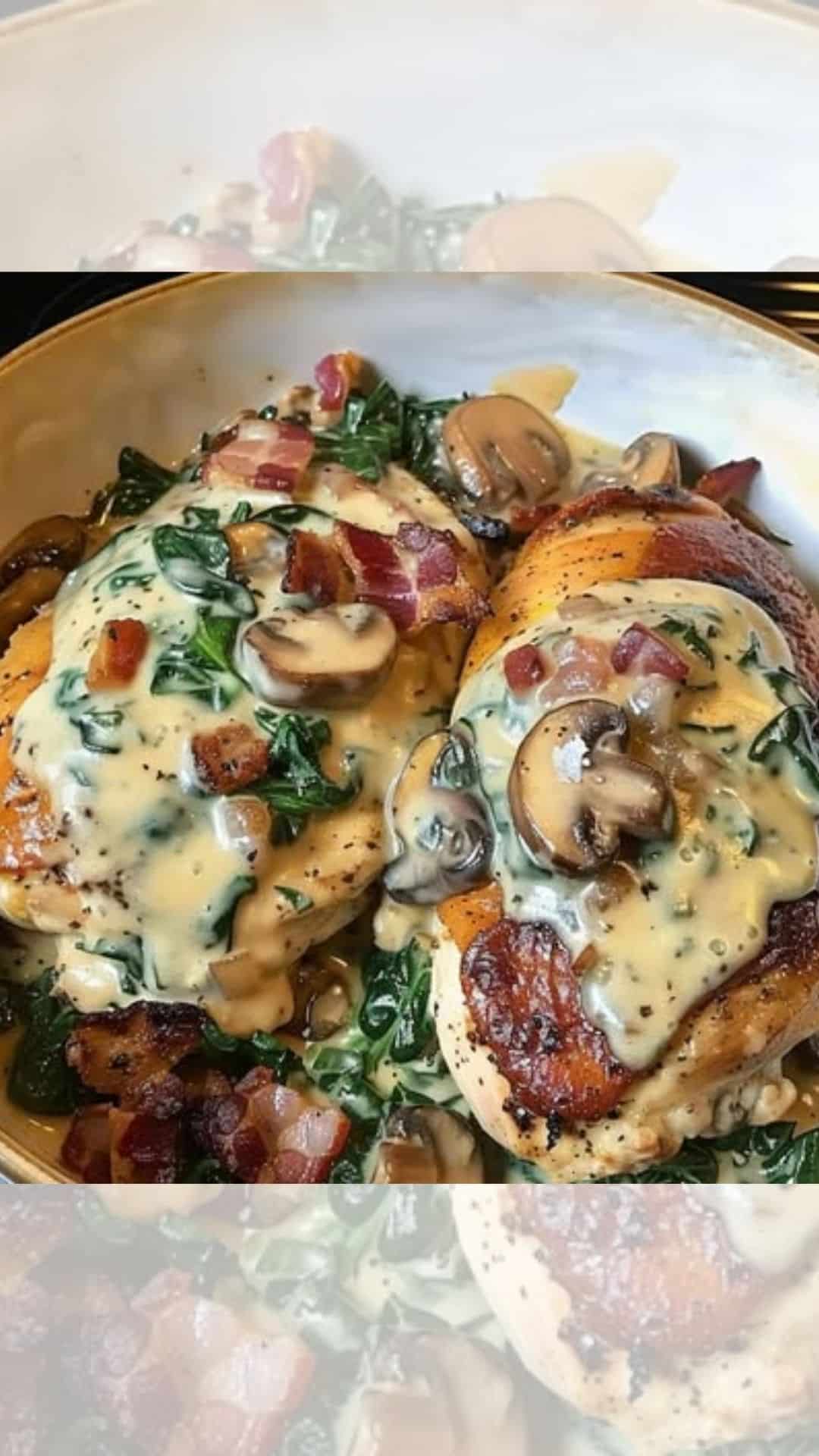 Smothered Chicken with Creamed Spinach Bacon and Mushrooms