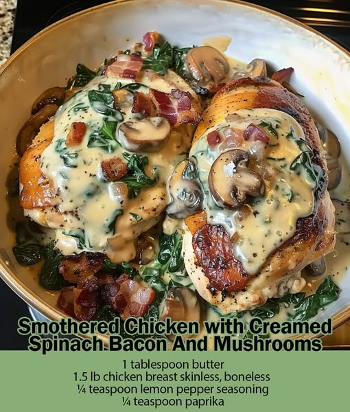 Smothered Chicken with Creamed Spinach Bacon and Mushrooms