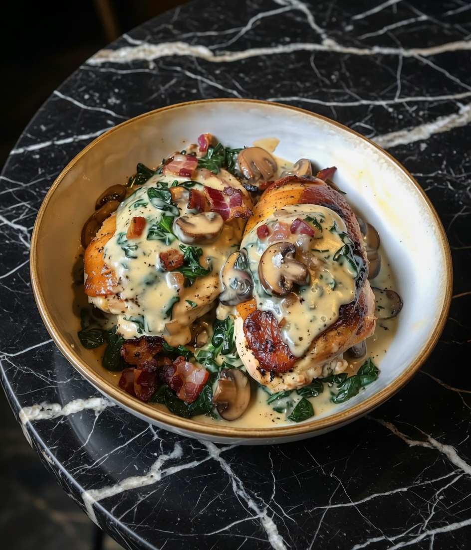 Smothered Chicken with Creamed Spinach Bacon and Mushrooms