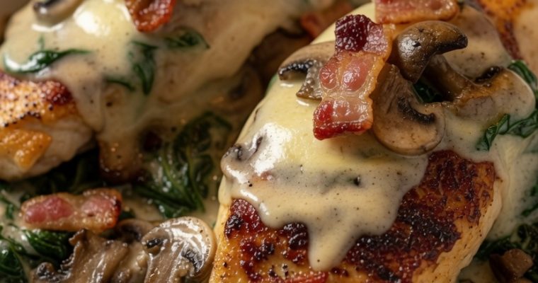 Smothered Chicken with Creamed Spinach Bacon and Mushrooms