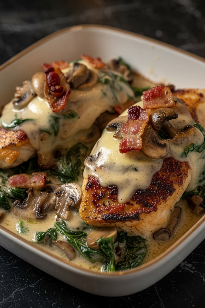 Smothered Chicken with Creamed Spinach Bacon and Mushrooms
