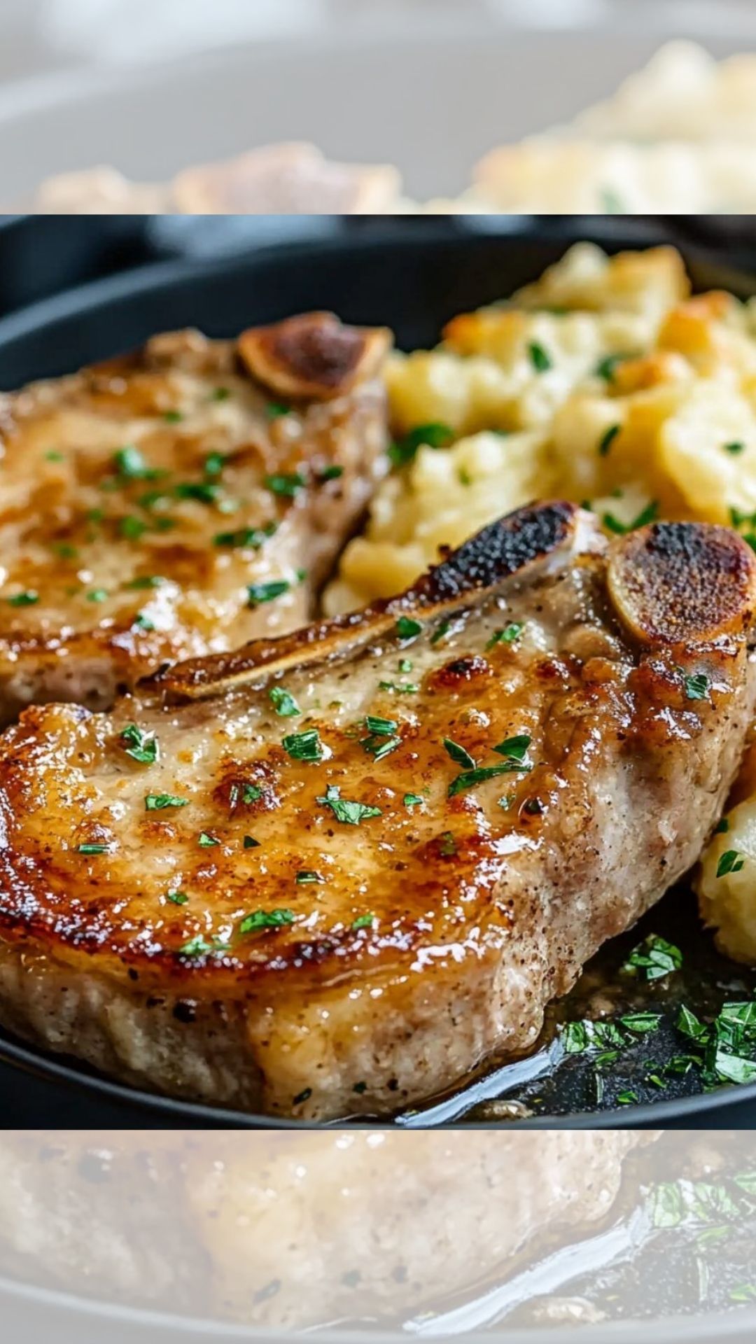 Garlic Butter Pork Chops with Cheesy Potato Bake