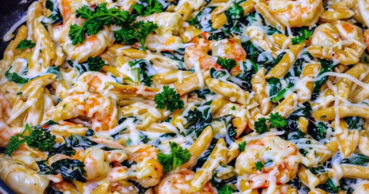 Cheese Shrimp Penne Pasta and Spinach