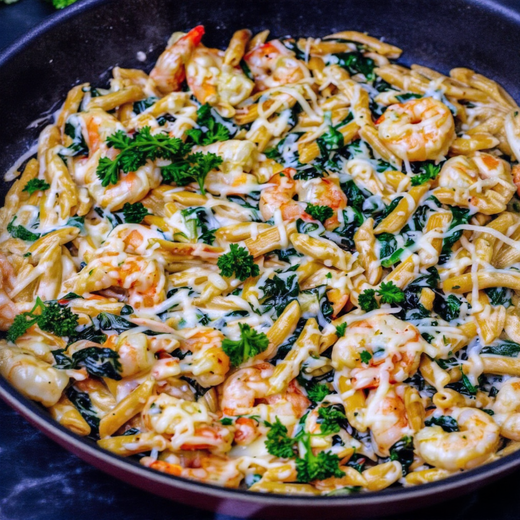 Cheese Shrimp Penne Pasta and Spinach