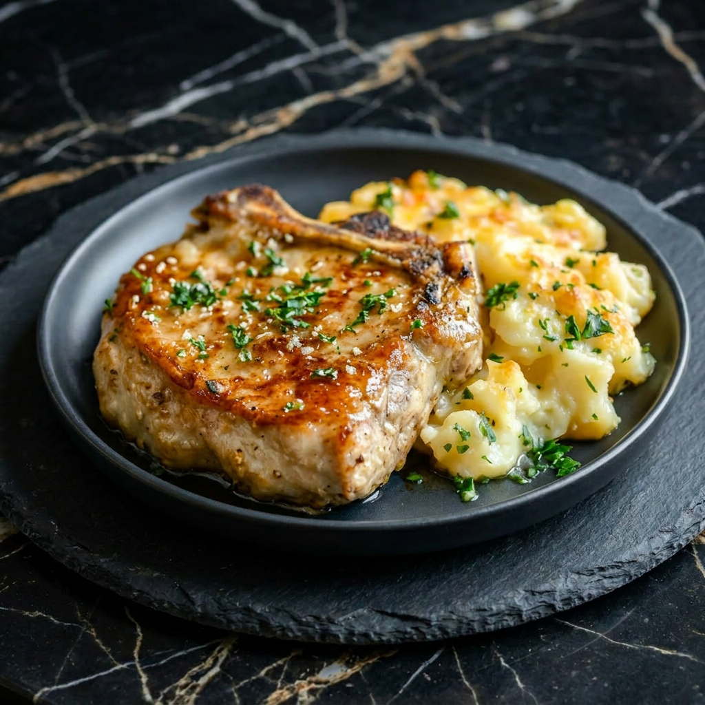 Garlic Butter Pork Chops with Cheesy Potato Bake
