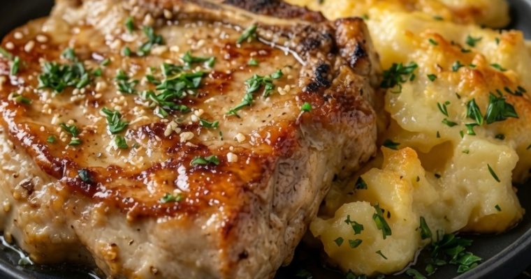 Garlic Butter Pork Chops with Cheesy Potato Bake