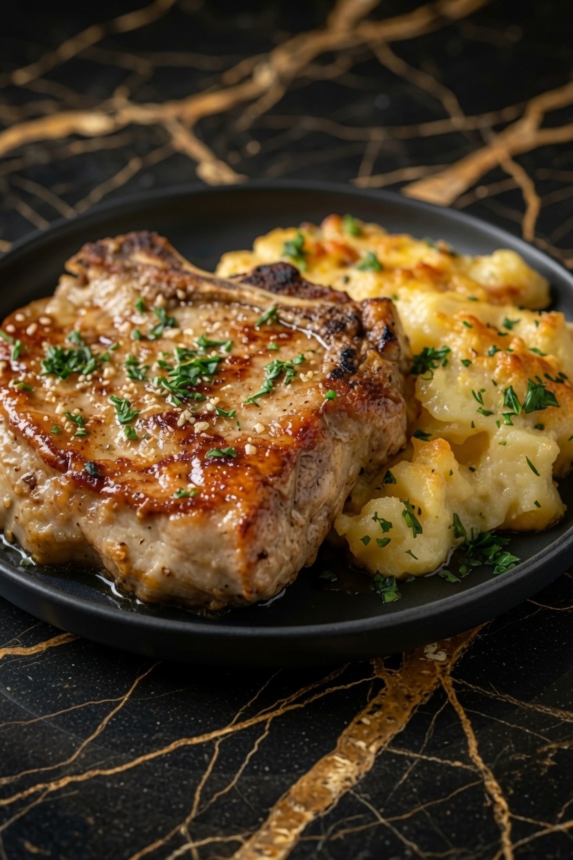 Garlic Butter Pork Chops with Cheesy Potato Bake