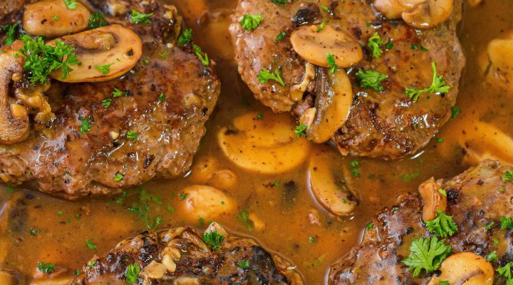 Salisbury Steak with Garlic Mashed Potatoes and Mushroom Gravy