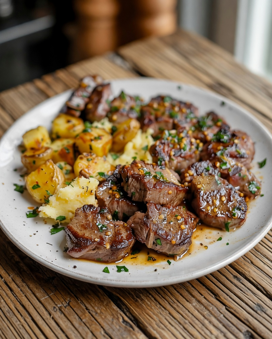 Garlic Butter Steak Bites and Cheesy Smashed Potatoes