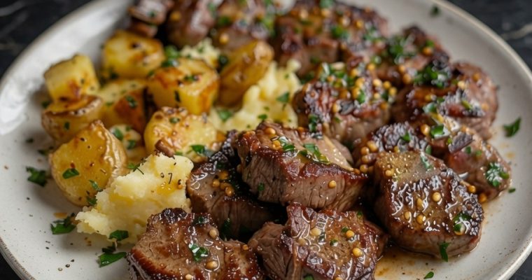 Garlic Butter Steak Bites and Cheesy Smashed Potatoes
