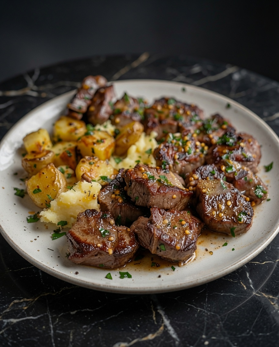 Garlic Butter Steak Bites and Cheesy Smashed Potatoes