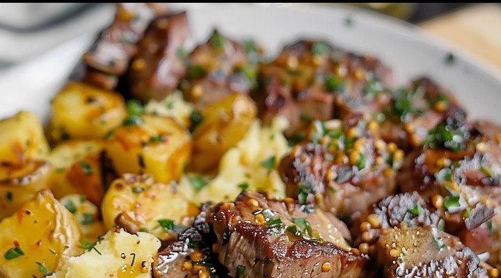 Garlic Butter Steak Bites and Cheesy Smashed Potatoes