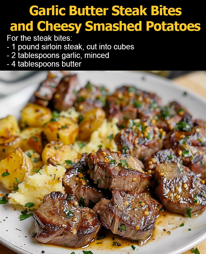 Garlic Butter Steak Bites and Cheesy Smashed Potatoes