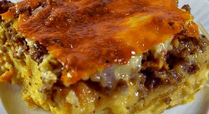 MEAT AND CHEESE CROISSANT OVERNIGHT BREAKFAST CASSEROLE