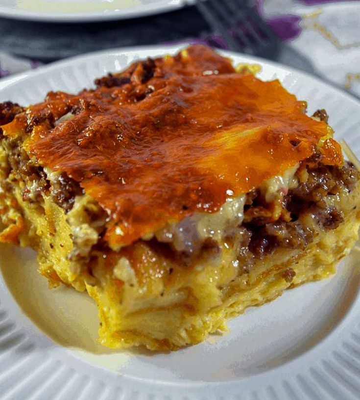 MEAT AND CHEESE CROISSANT OVERNIGHT BREAKFAST CASSEROLE