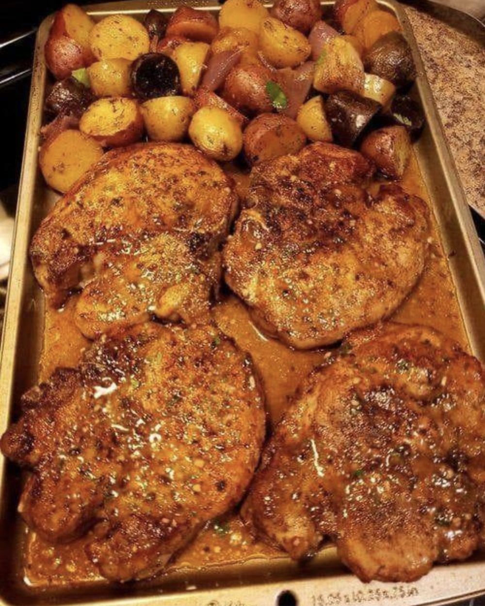 SHEET PAN PORK CHOPS WITH MULTI COLORED POTATOES