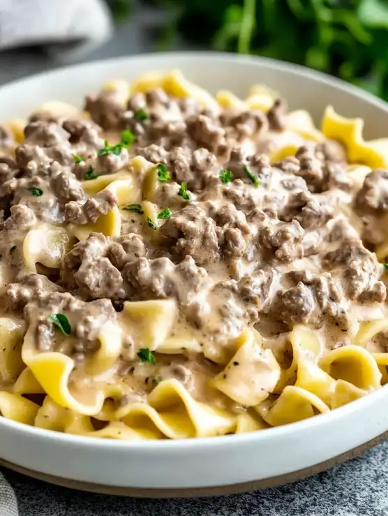 Slow Cooker Ground Beef Stroganoff