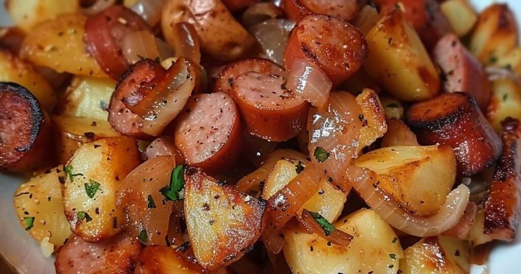 FRIED POTATOES ONIONS AND SMOKED POLISH SAUSAGE