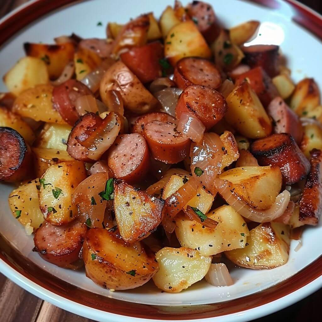 FRIED POTATOES ONIONS AND SMOKED POLISH SAUSAGE