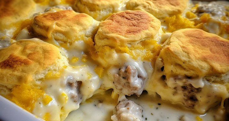 BISCUITS AND GRAVY WITH SAUSAGE AND EGG BREAKFAST CASSEROLE