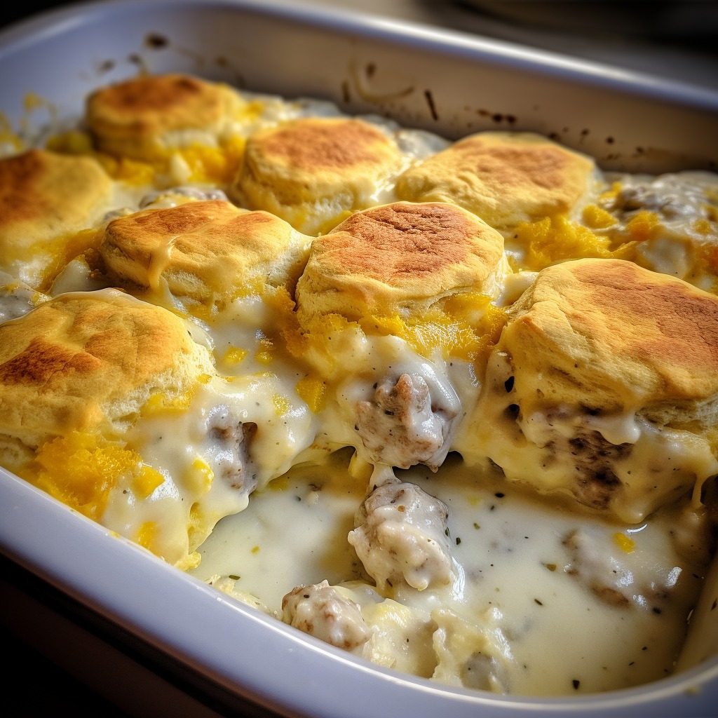 BISCUITS AND GRAVY WITH SAUSAGE AND EGG BREAKFAST CASSEROLE