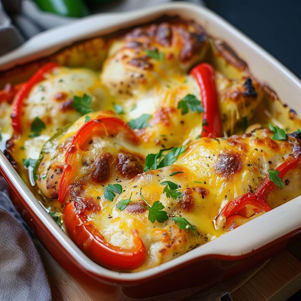 CHEESY BAKED CHICKEN & PEPPERS