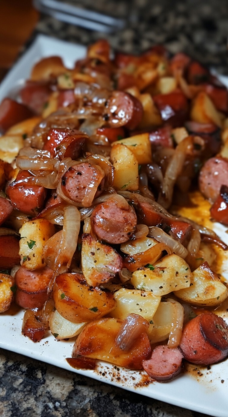 FRIED POTATOES ONIONS AND SMOKED POLISH SAUSAGE