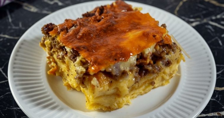 MEAT AND CHEESE CROISSANT OVERNIGHT BREAKFAST CASSEROLE
