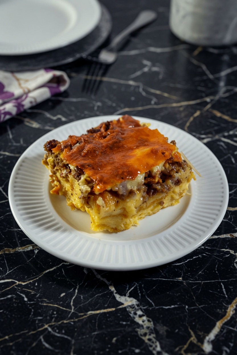 MEAT AND CHEESE CROISSANT OVERNIGHT BREAKFAST CASSEROLE