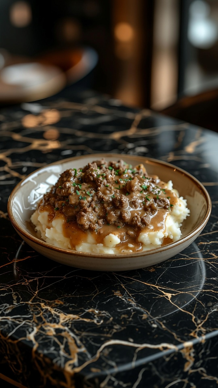 Ground Beef and Gravy Over Mashed Potatoes