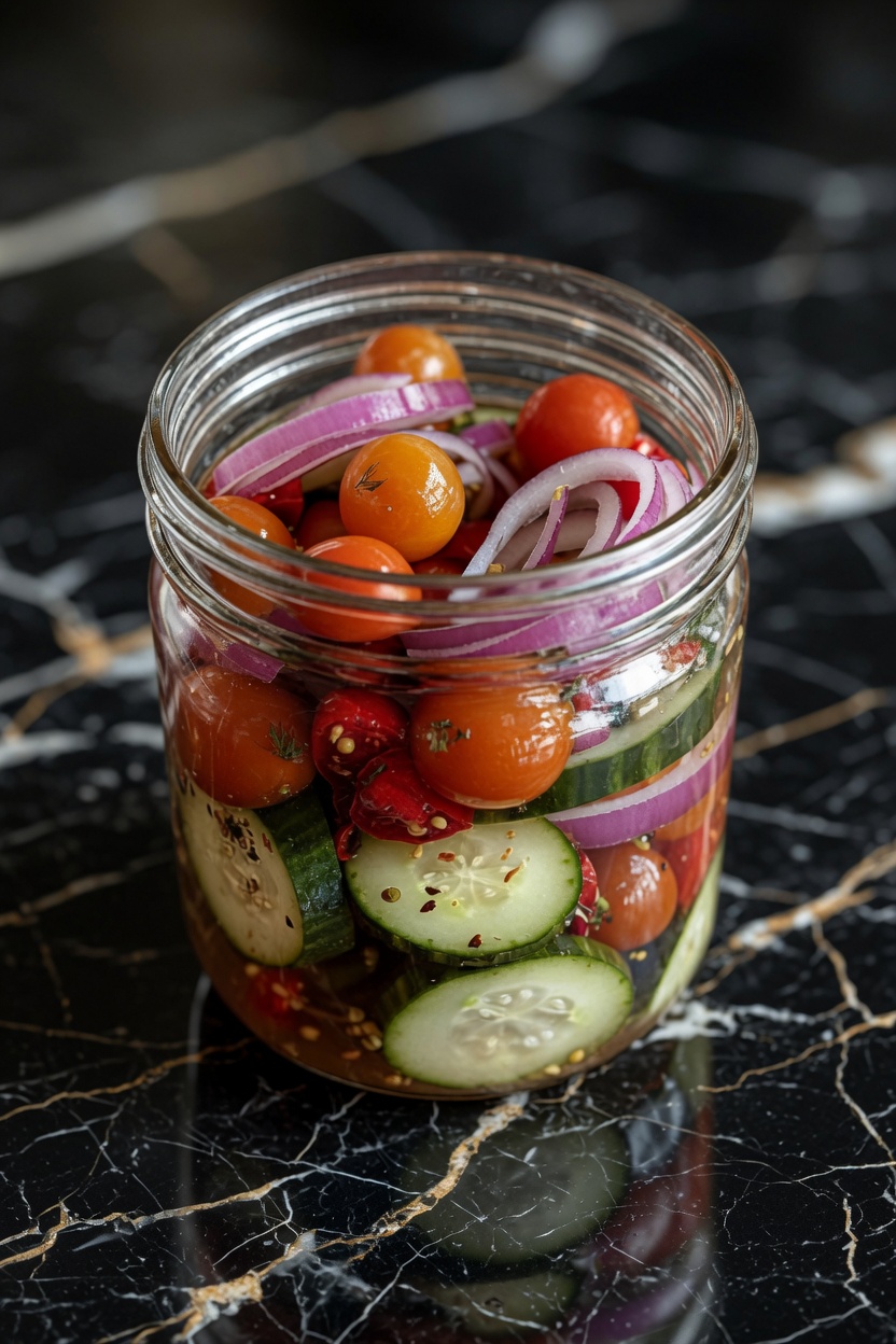 Pickled Cherry Tomatoes, Red Onions, and Cucumbers
