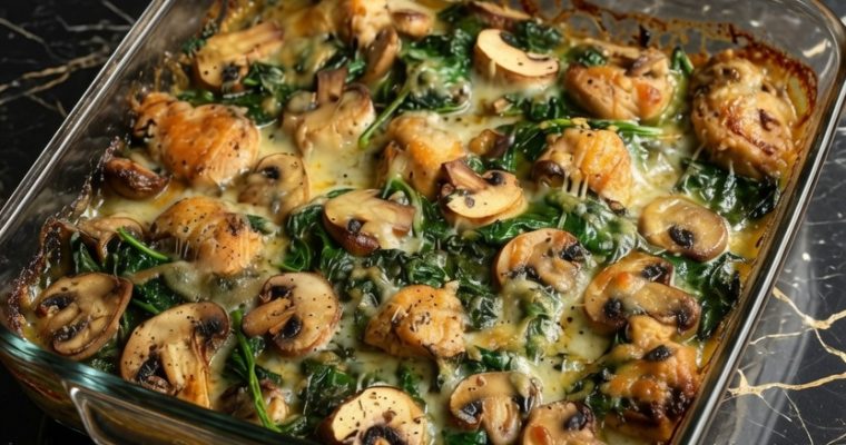 CHICKEN SPINACH AND MUSHROOM LOW CARB OVEN DISH