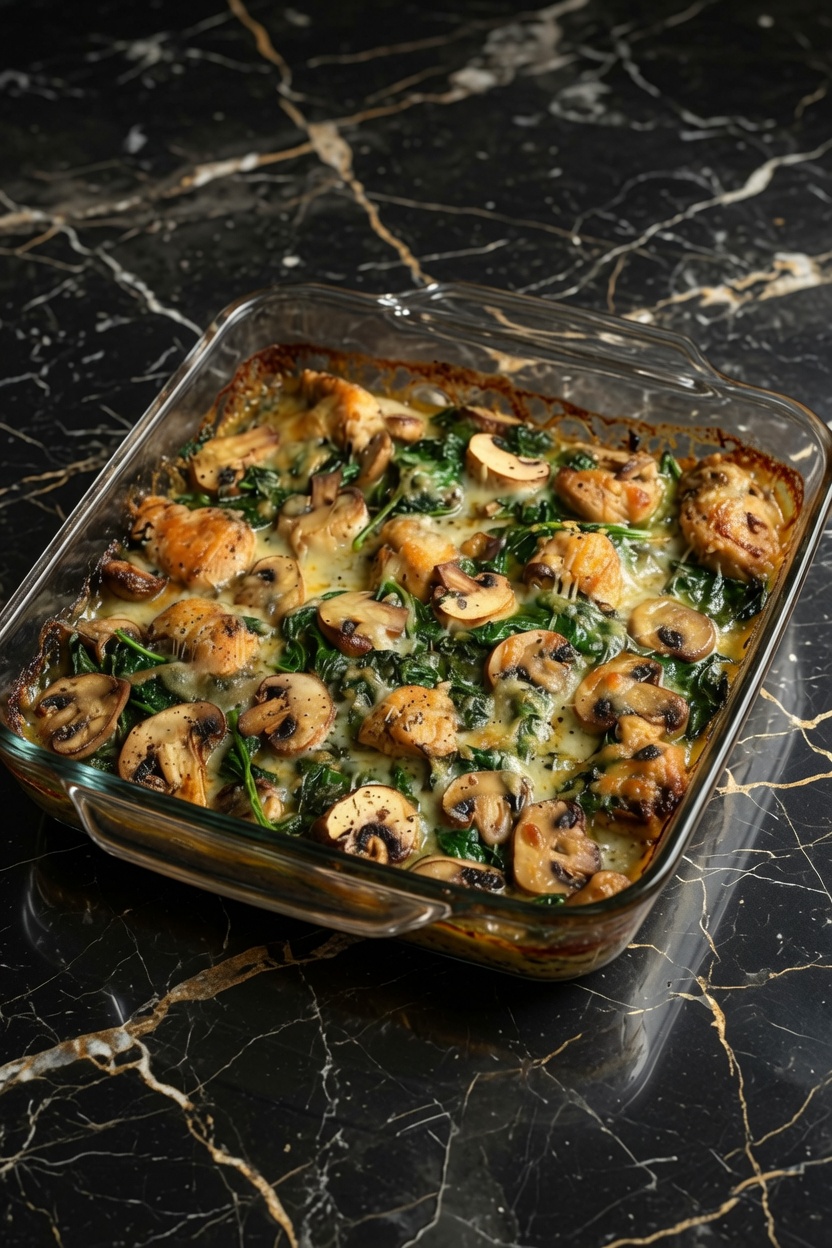 CHICKEN SPINACH AND MUSHROOM LOW CARB OVEN DISH