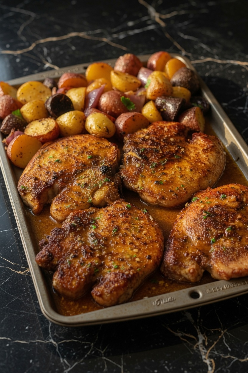 SHEET PAN PORK CHOPS WITH MULTI COLORED POTATOES