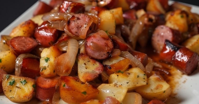 FRIED POTATOES ONIONS AND SMOKED POLISH SAUSAGE