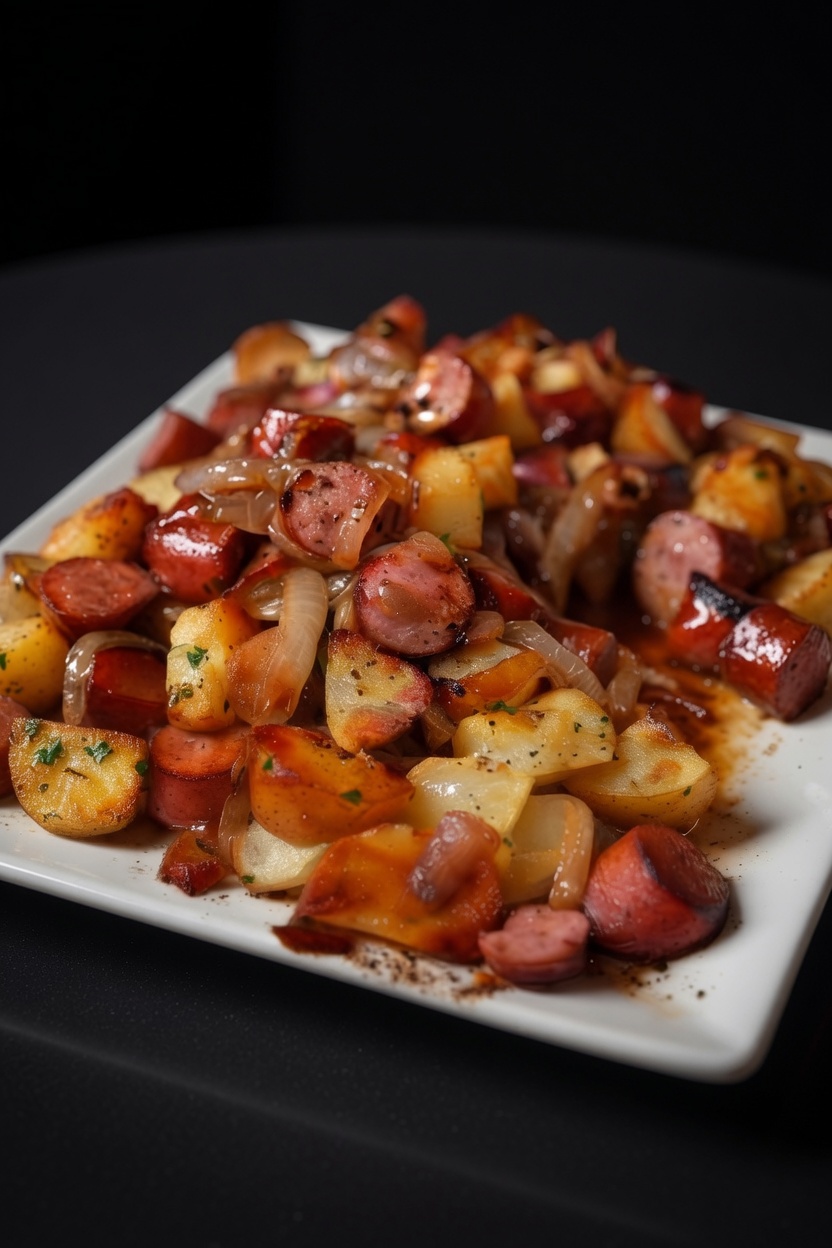 FRIED POTATOES ONIONS AND SMOKED POLISH SAUSAGE